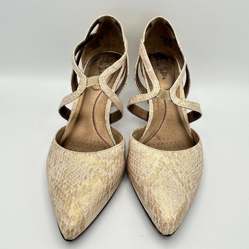 LifeStride Flex Seamless Beige Faux Snakeskin Heels Crisscross Strap 8.5 Pointed - Picture 3 of 9